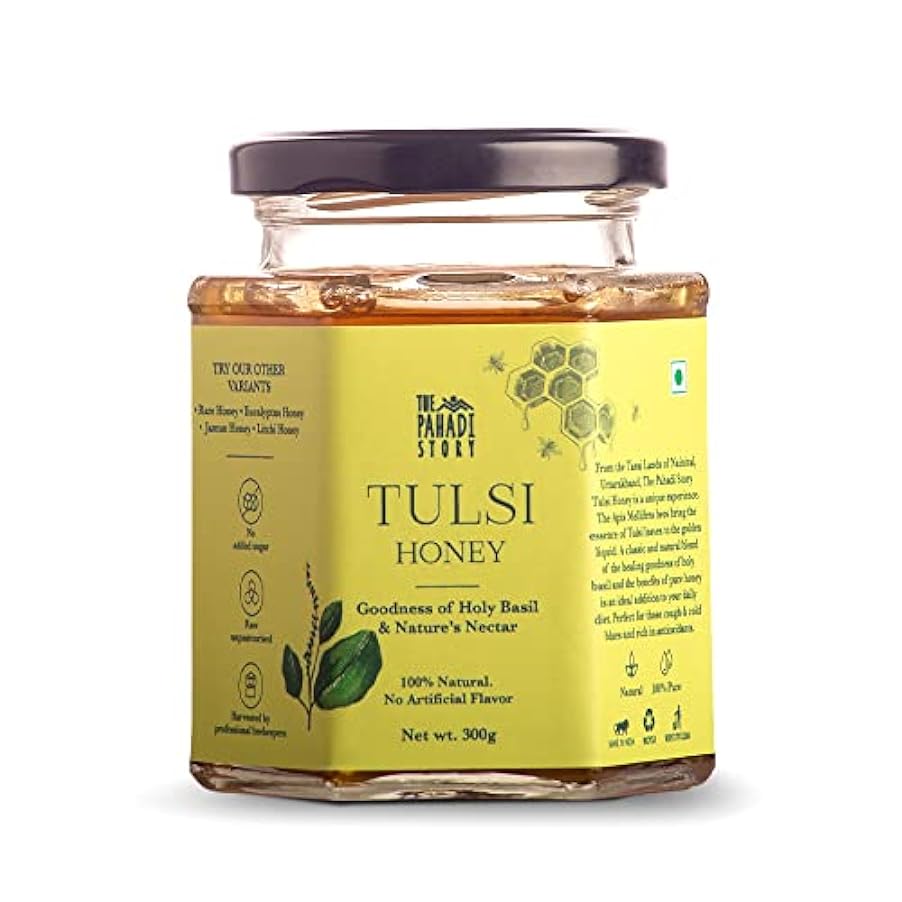The Pahadi Story Tulsi Honey 300gm, Raw and Unfiltered Honey with the Goodness of Holy Basil, 100% Natural Lab Tested Honey In Glass Bottle 461523697